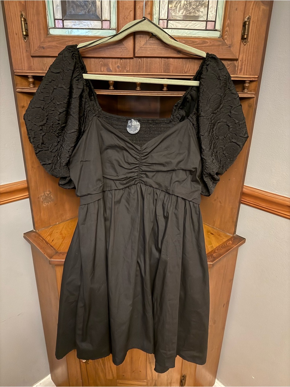 NWT Arula Black Poplin & Jacquard Puff Sleeve Babydoll Mini Dress - Size A (1X